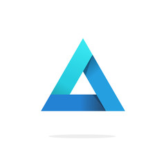 Triangle logo with strict strong corners vector isolated on white background, blue gradient glossy abstract triangle logotype element with shadow, creative geometric figure design