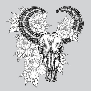 Naklejka Hand drawn dot work tattoo buffalo skull with flowers. 