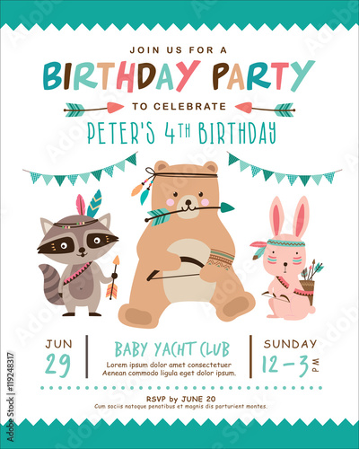 Kids Birthday Invitation Card With Cute Tribal Animal Stock Image