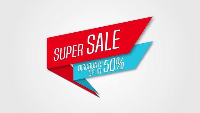 Sale loop animation, red and blue banner. Discounts up to 50 percents