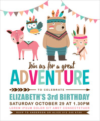 Kids birthday invitation card with cute cartoon animal