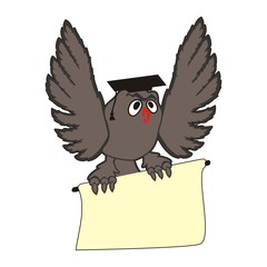 Vector flying cartoon owl with a sign in its claws