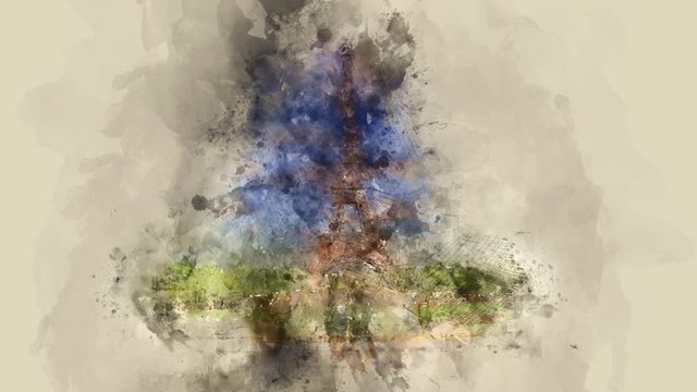 Watercolor splash ink drawing intro video of Tour Eiffel Tower in Paris, France