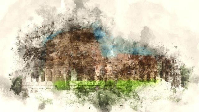 Watercolor sketch drawing ink intro effect of the Colloseum in Rome, Italy