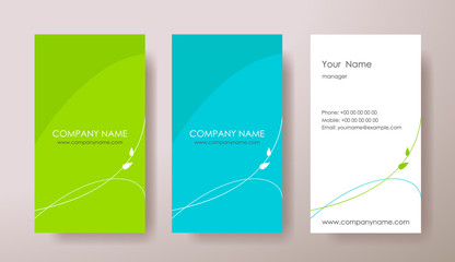 Set of vertical abstract business cards with plant on grey background. 