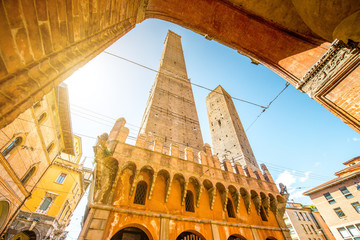 Two famous leaning towers Garisenda and Asinelli in Bologna city. Bologna's two leaning towers are the city's main symbol © rh2010