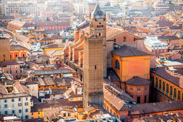 Aerial cityscape view from the tower on Bologna old town with Metropolitan cathedral San Pietro in Italy © rh2010