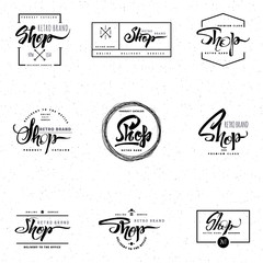 Shop word for signage, stickers, badges, has written calligraphic tools and modified to simple forms
