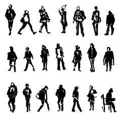 Silhouettes of walking,standing, sitting people, carrying bag, talking on the phone etc, Hand drawn vector sketch illustration isolated on white background for design printing, web site, magazine page