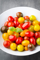 Tomatoes an gray background. Colorful tomatoes, red tomatoes, ye