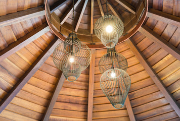 ceiling lamp, interior design with wooden roof.