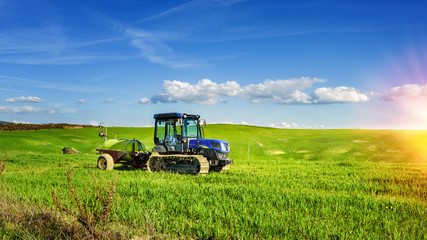 Tractor on tracks in the summer sunny day on a green field.