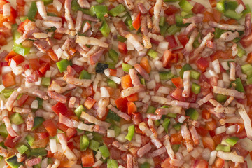 Vegetables slices and bacon food close up