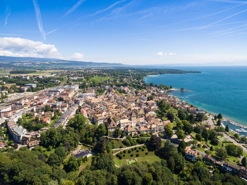 Aerial view of Nyon old city and waterfront in Switzerland