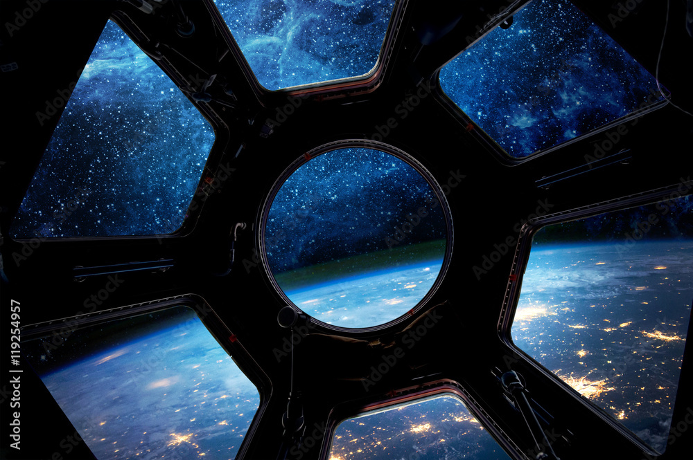 Poster earth and star in spaceship window porthole. elements of this image furnished by nasa