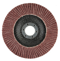 Abrasive flat flap disc for angle grinder. Object is isolated on white background without shadows.