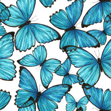 Watercolor pattern with blue butterflies