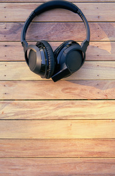 headphone on the wood background