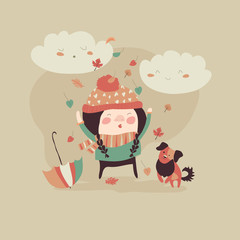 Girl playing with autumn leaves