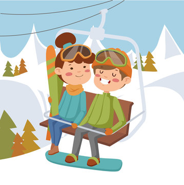 Girl and boy on ski lift.
