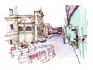 marker drawing of Rome Italy street landscape