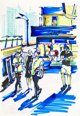 urban sketch markers drawing on paper of street city