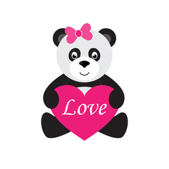 cartoon panda sitting with heart and bow