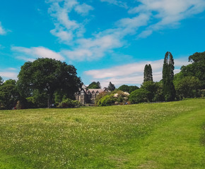 Green field and house in a park