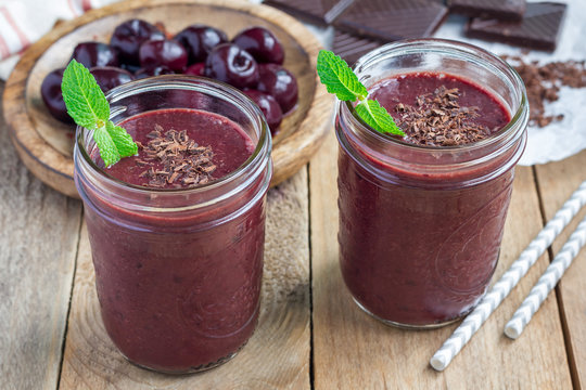Black forest smoothie with cherry, almond milk and cacao, horizontal