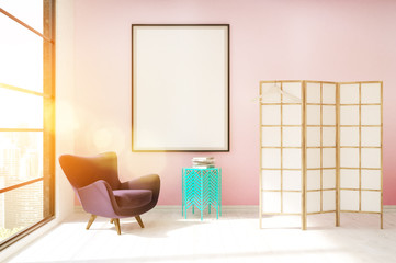 Sunlit dressing room with pink wall