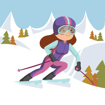 Girl riding on skis in the mountains.