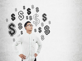 Standing Asian man and dollar signs