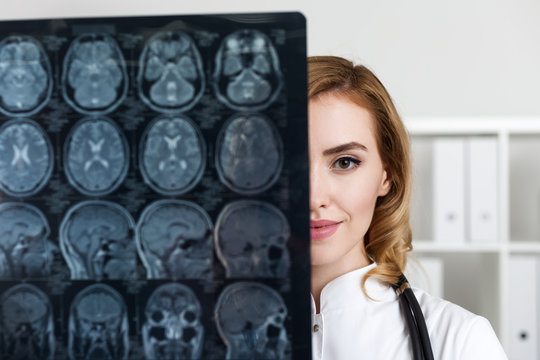 Close up of woman doctor with x ray