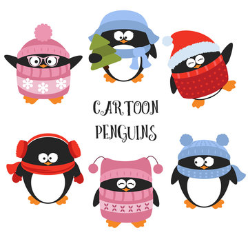 Set of cartoon penguins