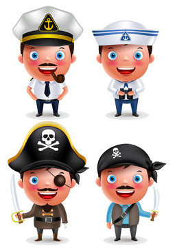 Ship captain, seafarer and pirates vector character set with uniform, holding sword and smiling isolated in white background. Vector illustration.
