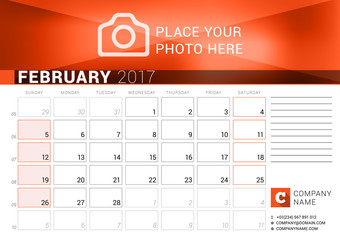 Desk Calendar for 2017 Year. February. Vector Design Print Template. Week Starts Sunday