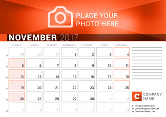 Desk Calendar for 2017 Year. November. Vector Design Print Template. Week Starts Sunday