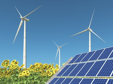 Solaranlage, Windkraftanlagen und Sonnenblumen