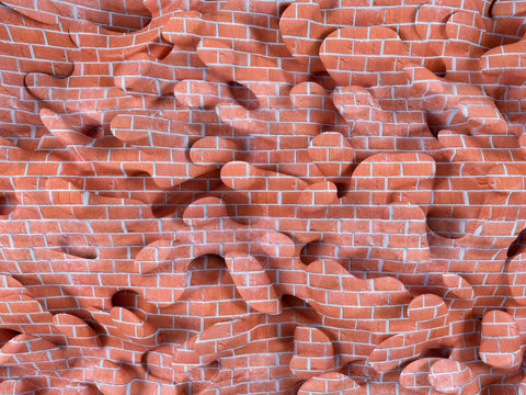 The surreal texture of the brick flexible surface. The soft structure with red brick background. Elastic stone masonry with shoots and branches. Top view. 3d illustration