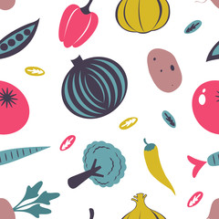 Colorful fresh fruit and vegetables seamless pattern