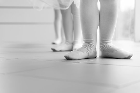 Little ballerinas standing in a row at ballet class