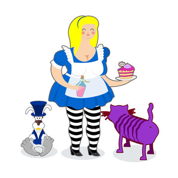Fat old Alice in Wonderland. Mythical Cheshire cat. White rabbit