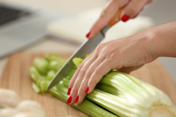 Girl cooking on kitchen. Food blogger concept