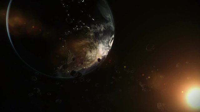 earth and asteroids in space. Asteroid field animation rendered.