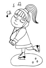 Young girl on skates and listens music