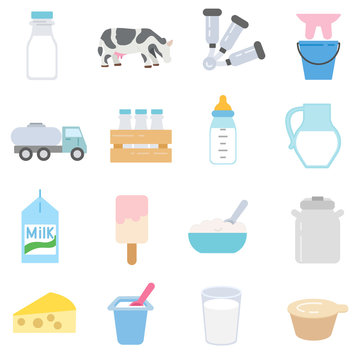 Milk and dairy products icons set. flat design