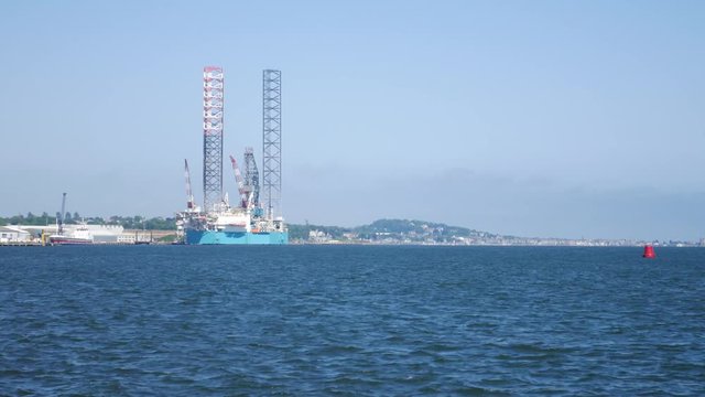 Jack up oil drilling rig in the shipyard for maintenance in Dundee, Scotland, UK. This rig is widely used in UK sector.
