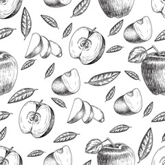 Seamless of hand drawn apple. Vintage sketch style illustration. Organic eco food. Whole , sliced pieces half,leaves and flowers leave . Fruit engraved  .