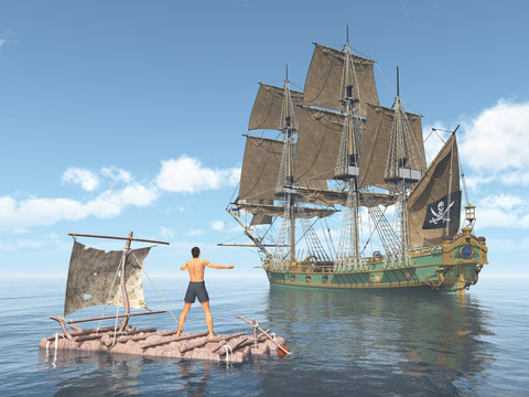 Piratenschiff und Mann auf einem Floß