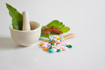 Mortar crushed herbs and medicine on the wooden spoon.